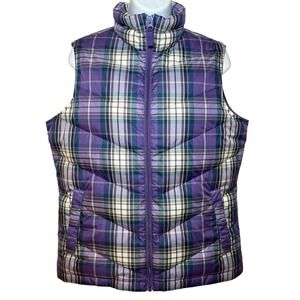 Lands End Purple Plaid Puffer Vest Quilted Full Zip Front Pockets Womens S (6-8)